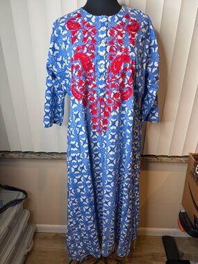 Ro’s Garden Blue and White Floral Maxi Dress  Red Embroidered Yoke Size Large
